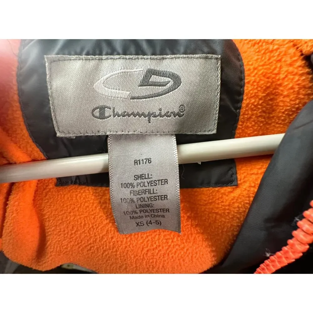 Champion Boys Puffer Jacket XS 4–5 Gray Orange Fleece Lined Hooded Winter Coat